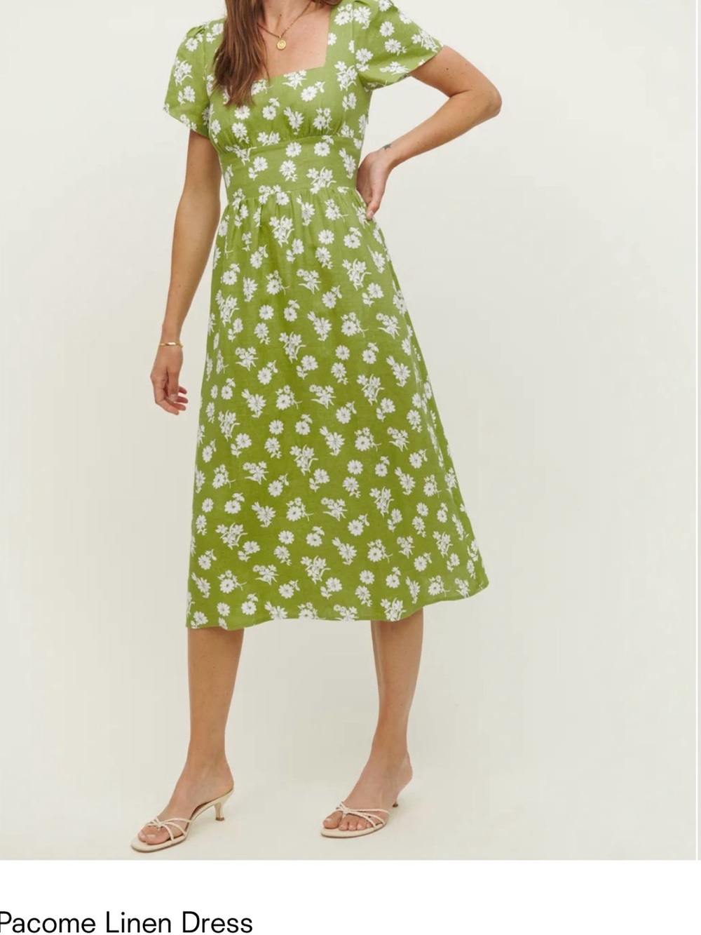 Reformation Pacome Linen Dress Green Floral Midi Dress Size 6 - Picture 2 of 8